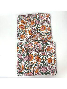 Blooming garden Cotton Napkins 20 X 20 White Orange Hand Block Printed Set Of 8